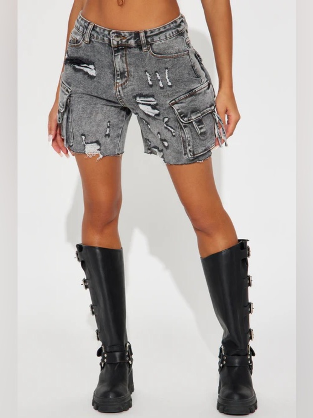 Distressed Gray Cargo Denim Shorts for Women